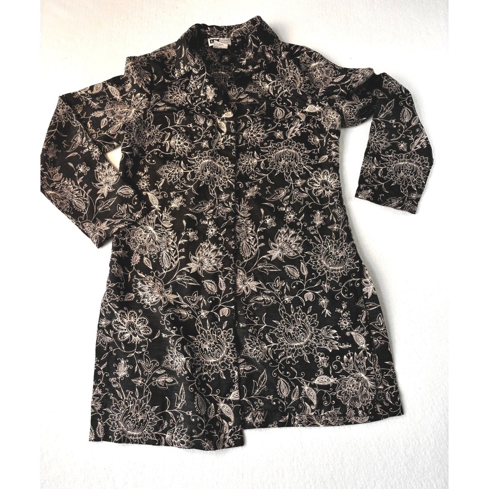 IN Studio VINTAGE  Black Cream Floral Paisley Button Longline Blouse Jacket Sz 8